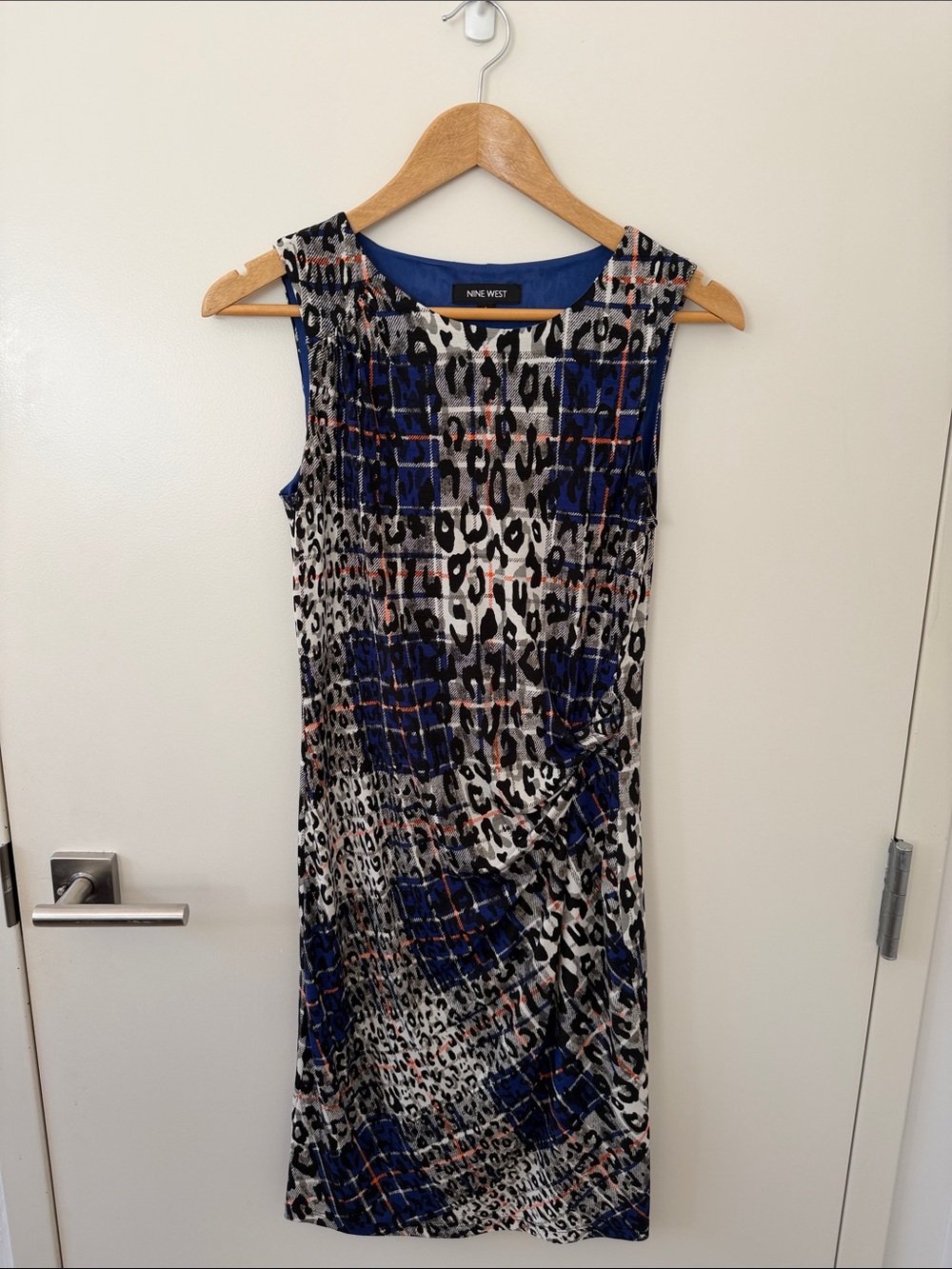 Nine West Blue and Black Animal-Print Sleeveless Twist Dress
